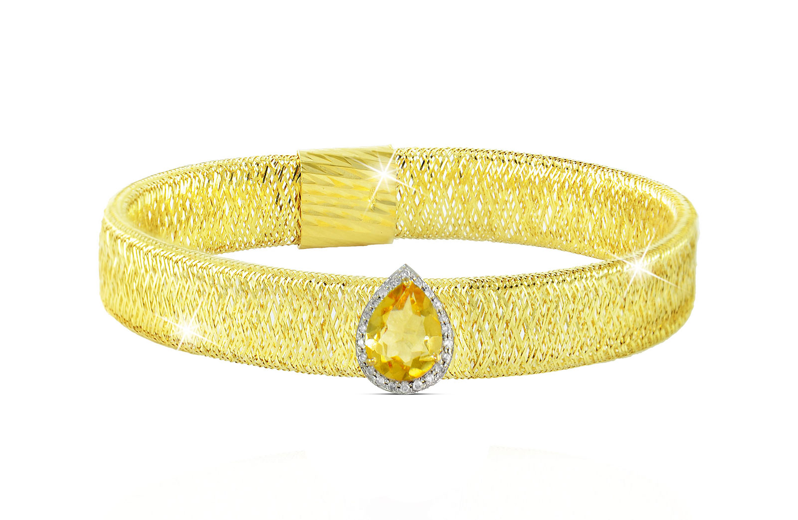 Vera Perla 18K Gold 0.12ct Diamonds, Citrine Mesh Bracelet